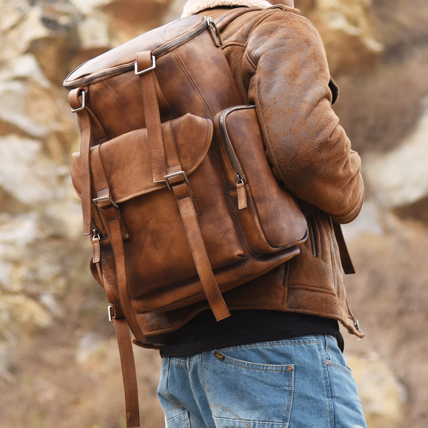 Personalized Leather Backpack Men Travel Backpack Hiking Rucksack Unisex Backpack Weekender Backpack