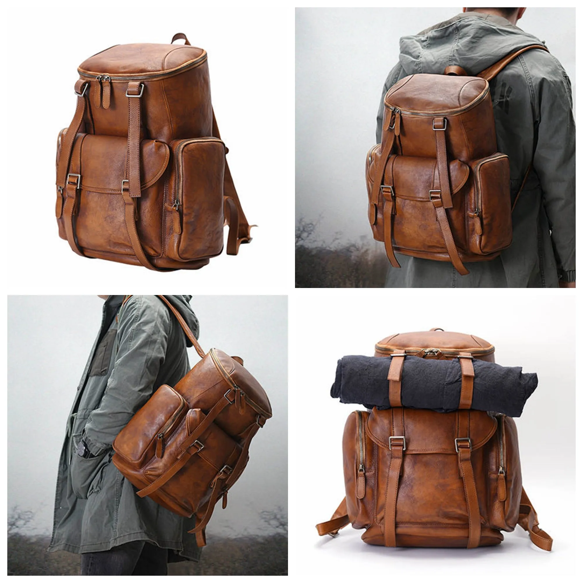 Personalized Leather Backpack Men Travel Backpack Hiking Rucksack Unisex Backpack Weekender Backpack
