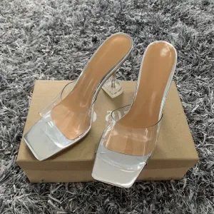 Wenkouban 2023 New Designer PVC Transparent Slippers Women Perspex High Heels Summer Party Ladies Clear Band Crystal Shoes Plus Size 41 42
